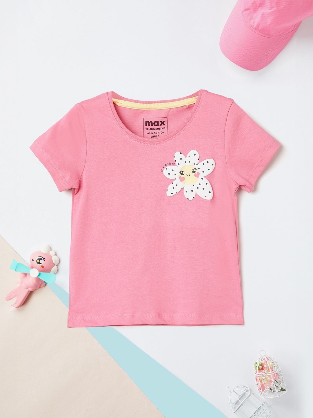 

max Girls Floral Printed Round Neck Cotton T-shirt, Pink