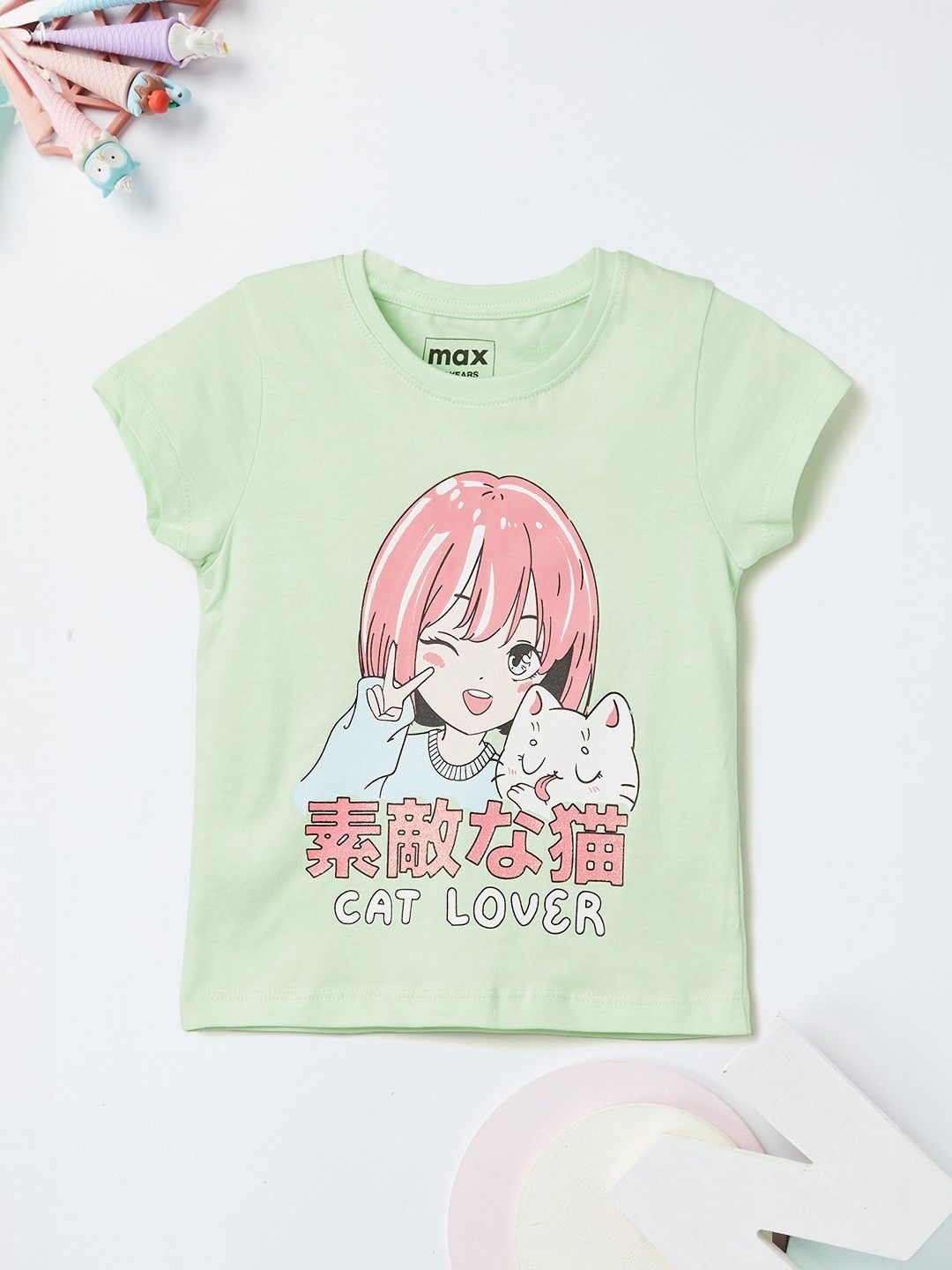 max Girls Graphic Printed Round Neck Cotton T-shirt, Green
