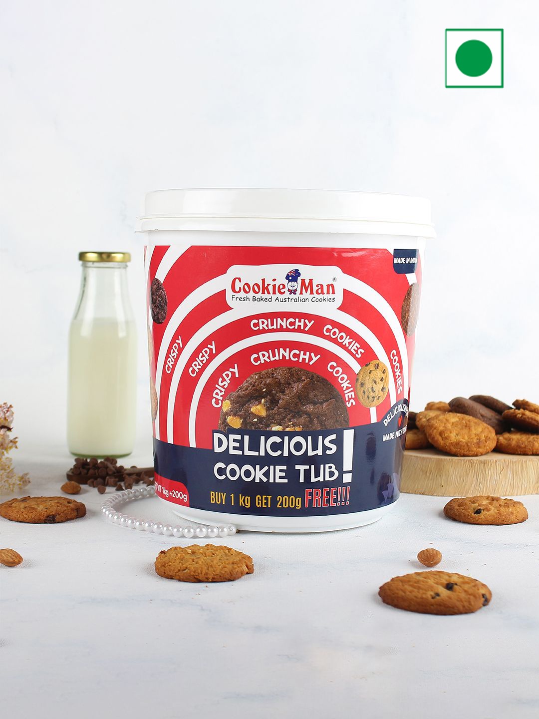 

Cookieman Assorted Cookies Tub 1Kg + 200g Free, White