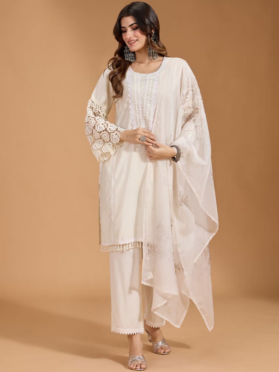 

House of Pataudi Round Neck Lace Up Work Satin Straight Kurta With Trouser & Dupatta, White