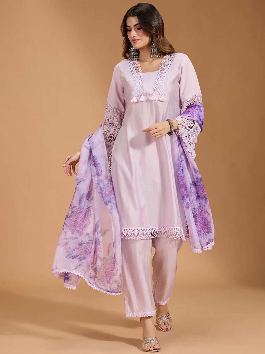 

House of Pataudi Square Neck Lace Up Work Satin Straight Kurta With Trouser & Dupatta, Lavender