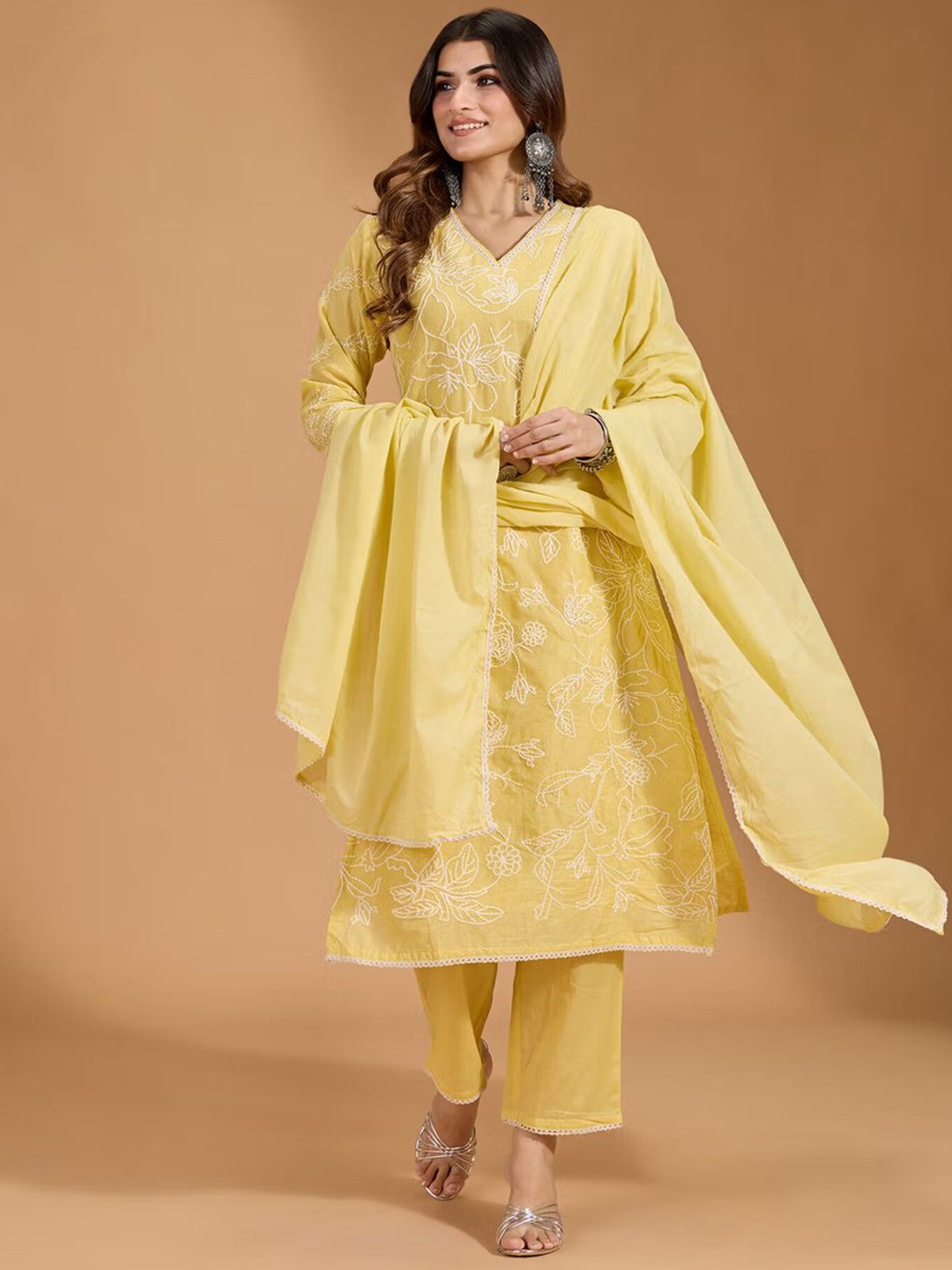 

House of Pataudi Floral Embroidered Pure Cotton Straight Kurta With Trouser & Dupatta, Yellow