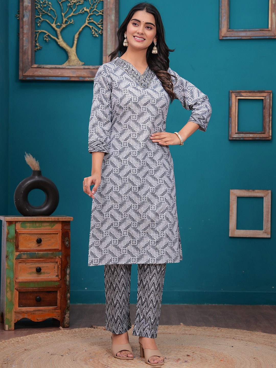 

KALINI Geometric Printed Sequinnned V-Neck Straight Pure Cotton Kurta With Trouser, Grey