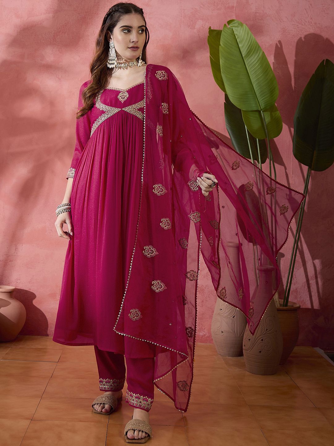 

Sangria Maroon And Gold Pleated Zari rounnd Neck A-Line Kurta With Trousers And Dupatta