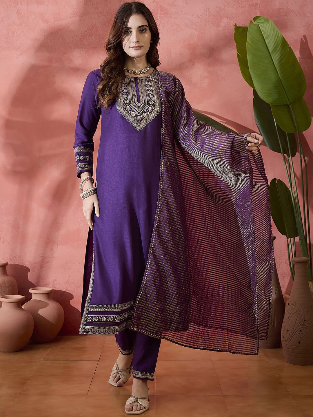 

Sangria Purple Floral Embroidered Round Neck Straight Kurta With Trouser And Dupatta