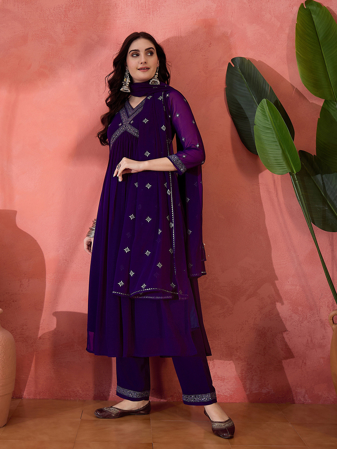 

Sangria Solid Floral Embroidered A-Line Pleated Empire Kurta & Trousers With Dupatta, Purple