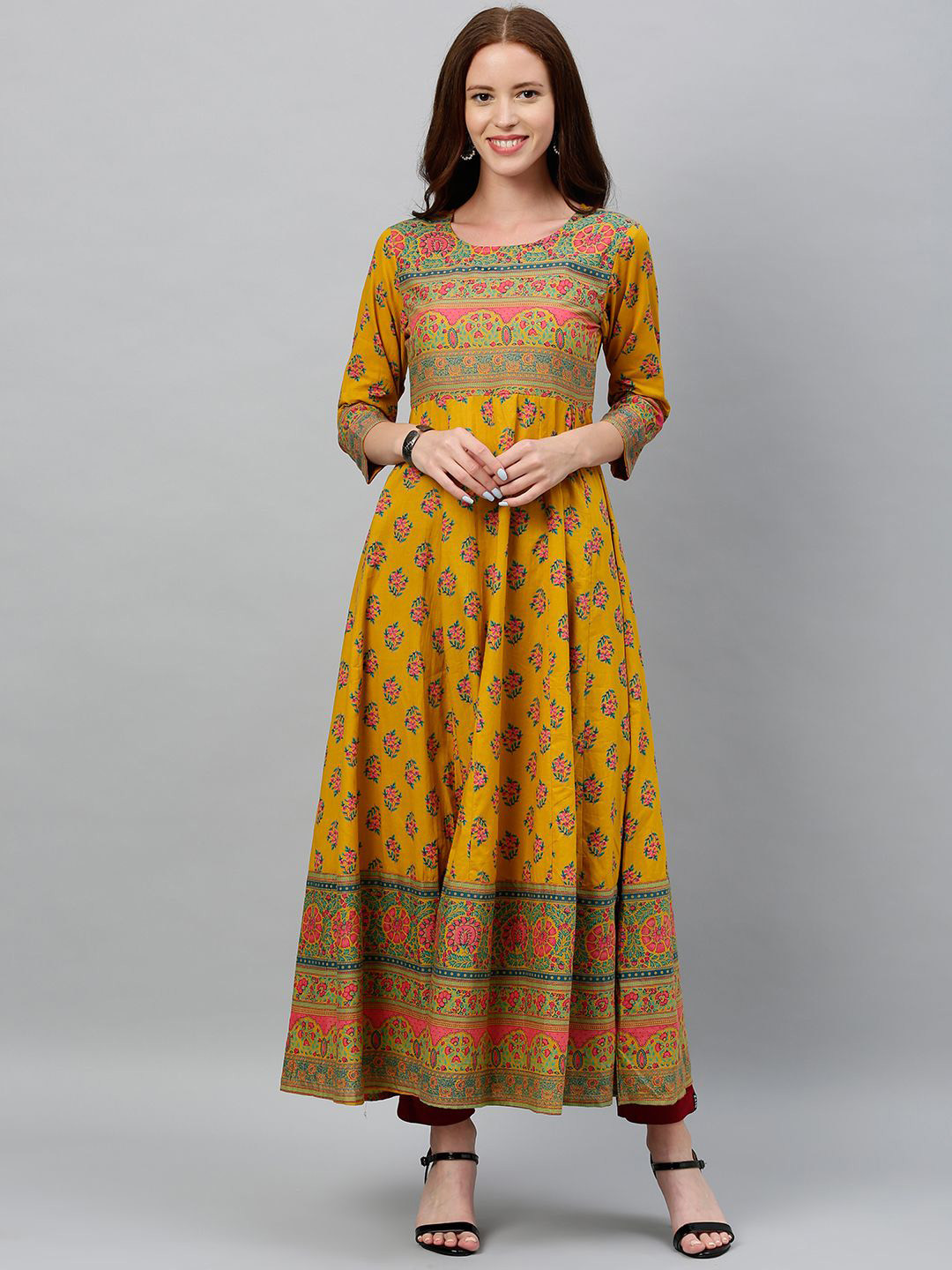 

KALINI Ethnic Motifs Printed Round Neck Pure Cotton Anarkali Kurtas, Mustard