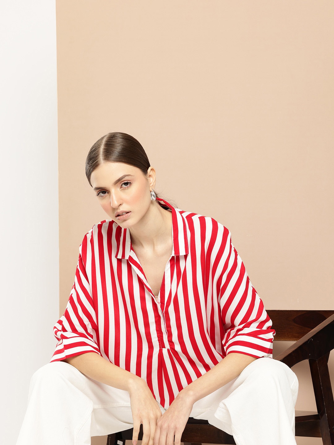 

her by invictus Striped Extended Sleeves Top, Red