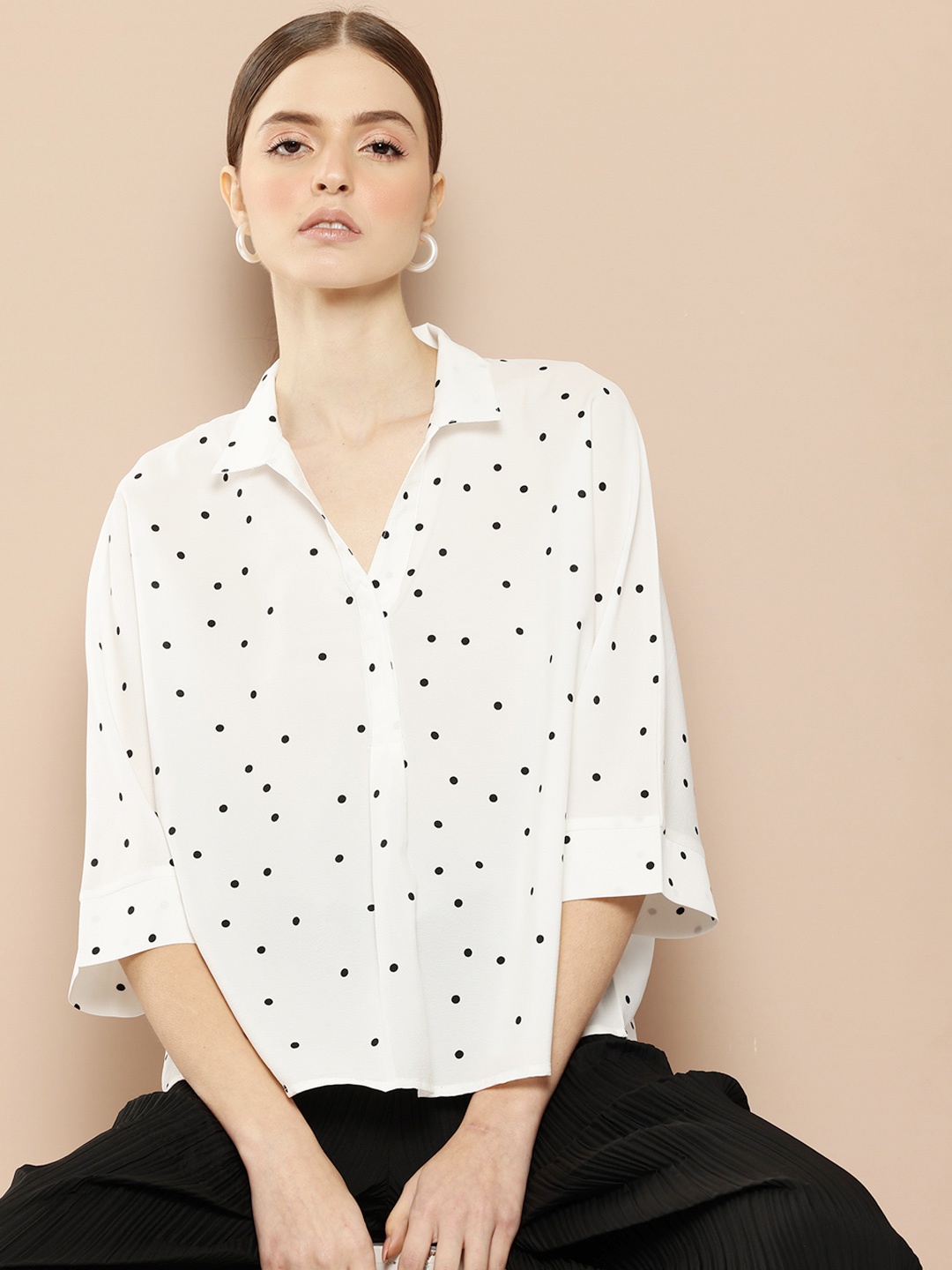 

her by invictus Polka Dot Print Extended Sleeves Top, Black