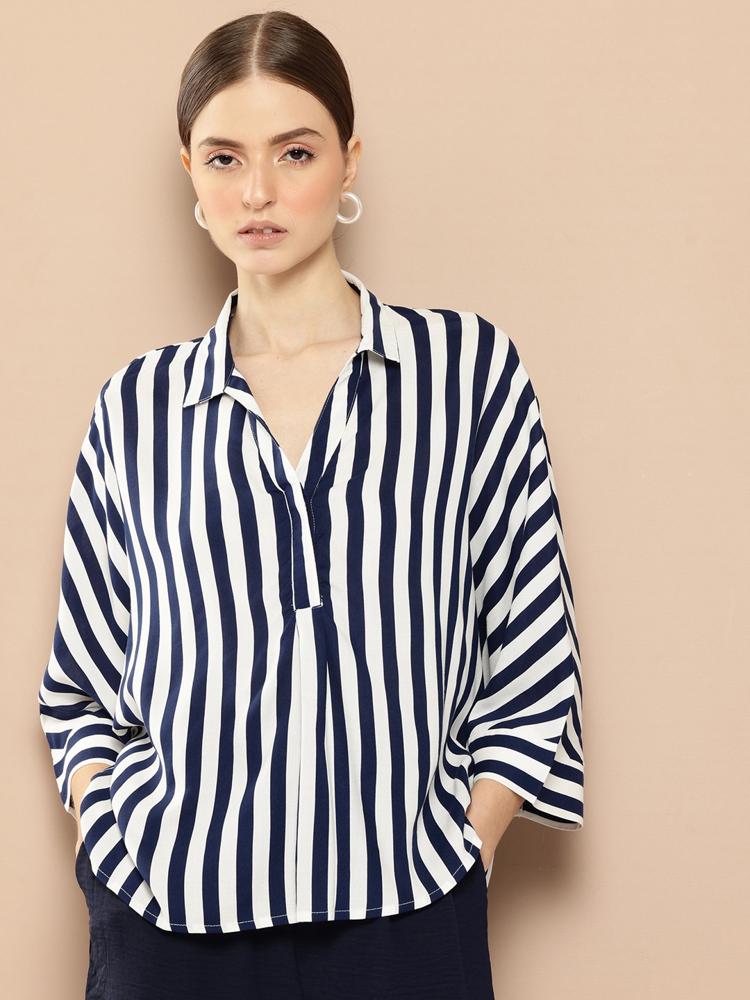 

her by invictus Striped Extended Sleeves Top, Blue