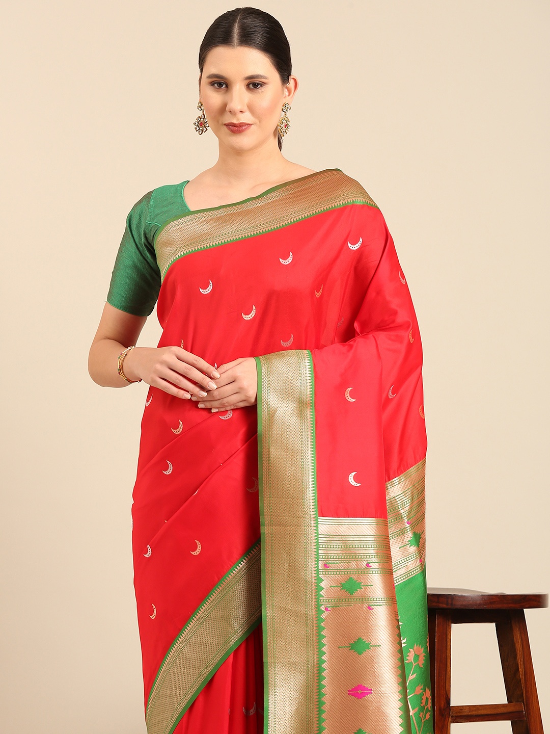 

Mitera Woven Design Zari Paithani Saree, Red