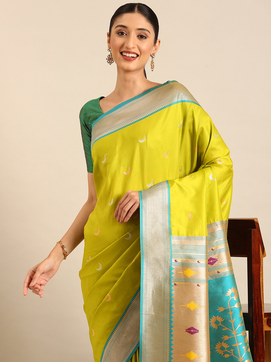 

Mitera Woven Design Zari Designer Paithani Saree, Green