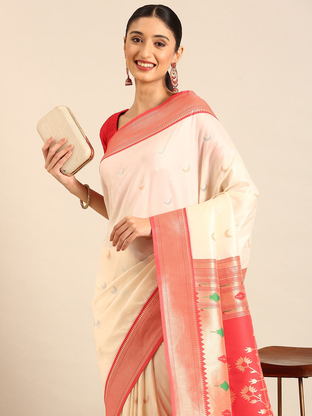 

Mitera Woven Design Zari Designer Paithani Saree, White