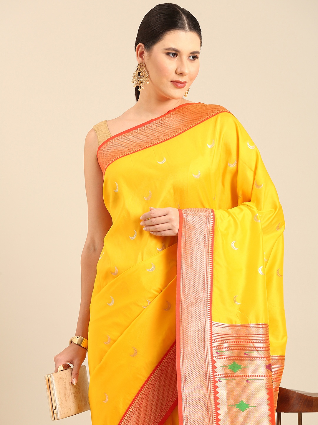 

Mitera Woven Design Zari Silk Blend Designer Paithani Saree, Yellow