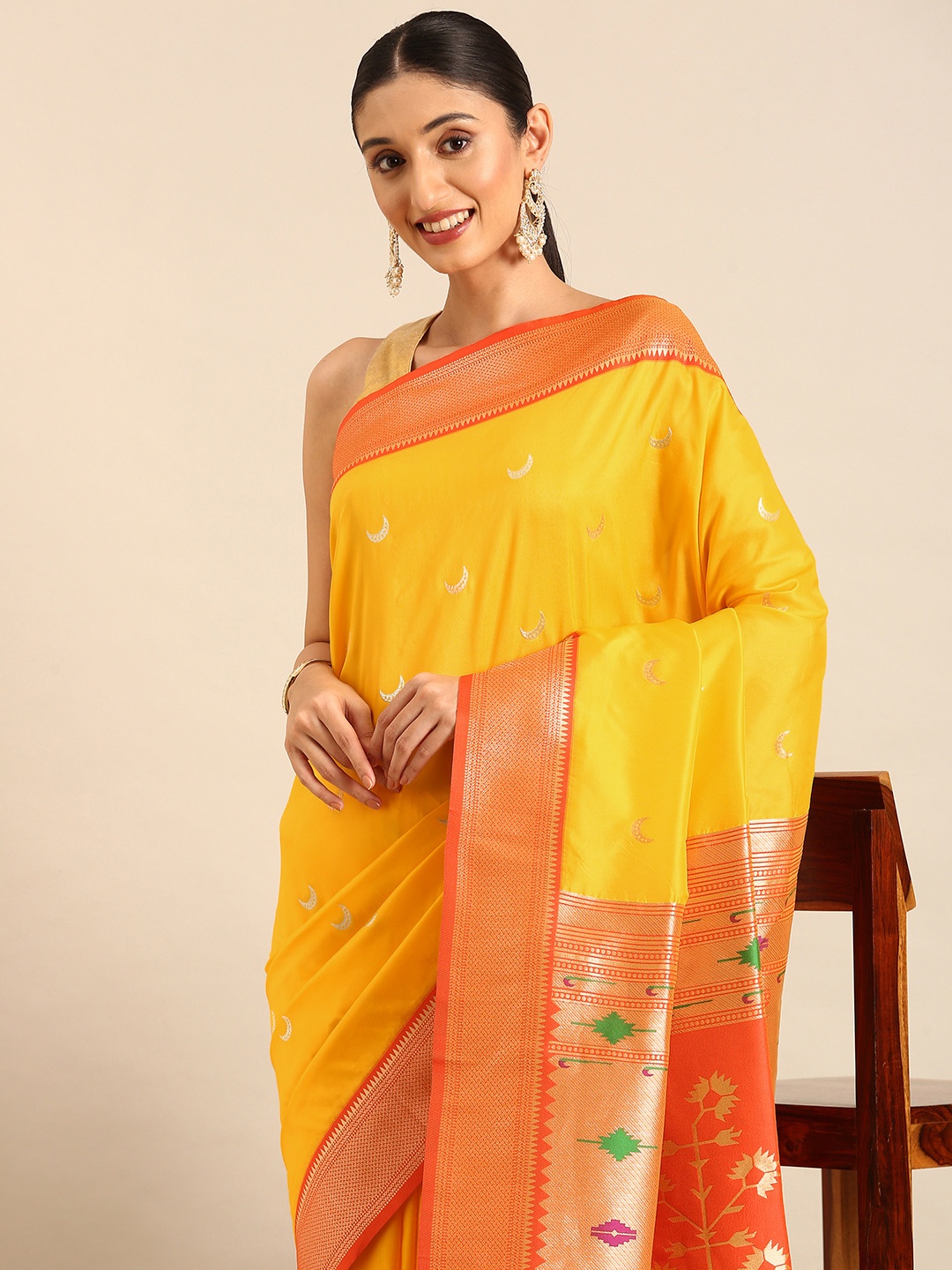 

Mitera Woven Design Zari Silk Blend Designer Paithani Saree, Yellow