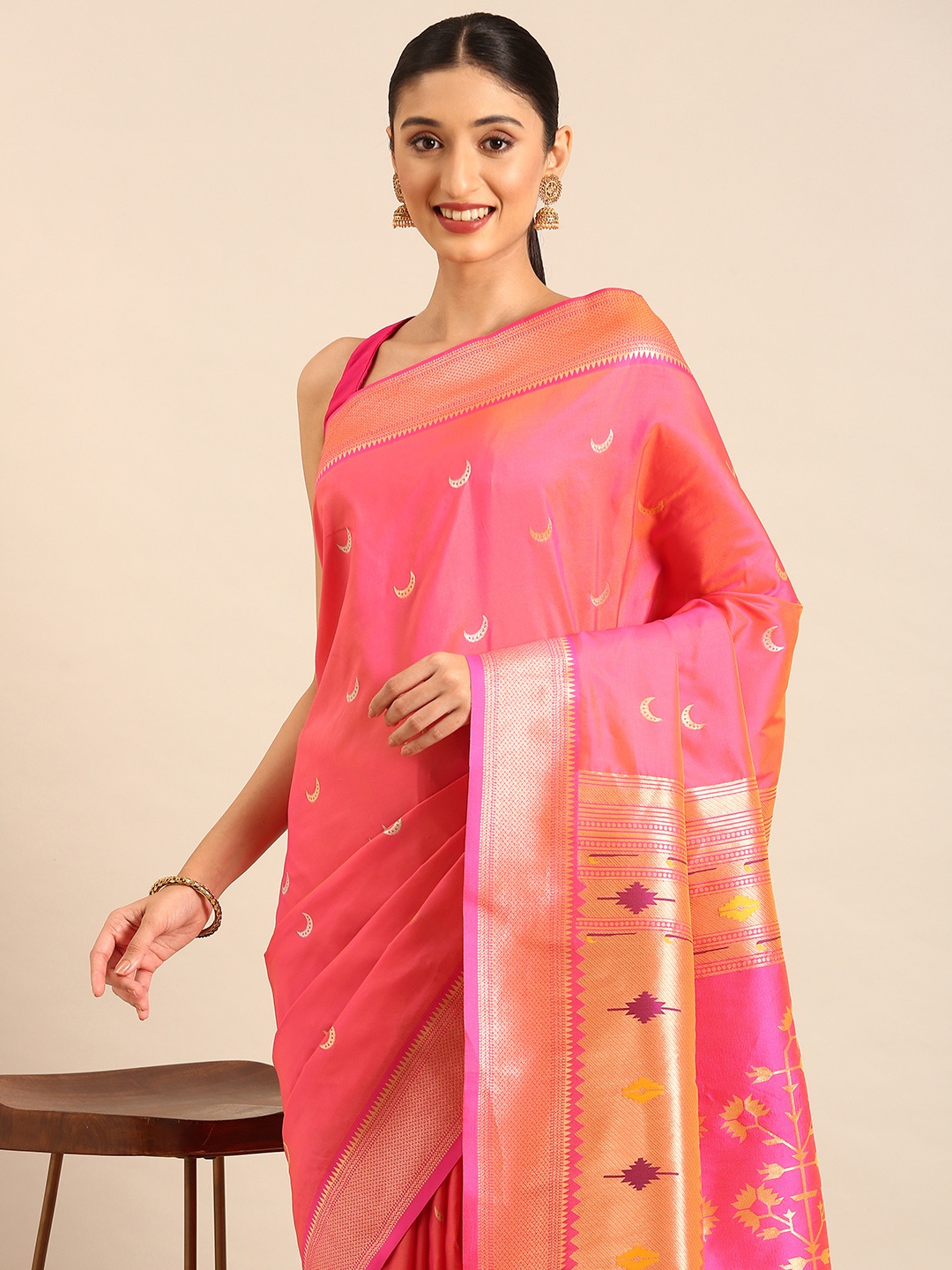 

Mitera Woven Design Zari Paithani Saree, Peach