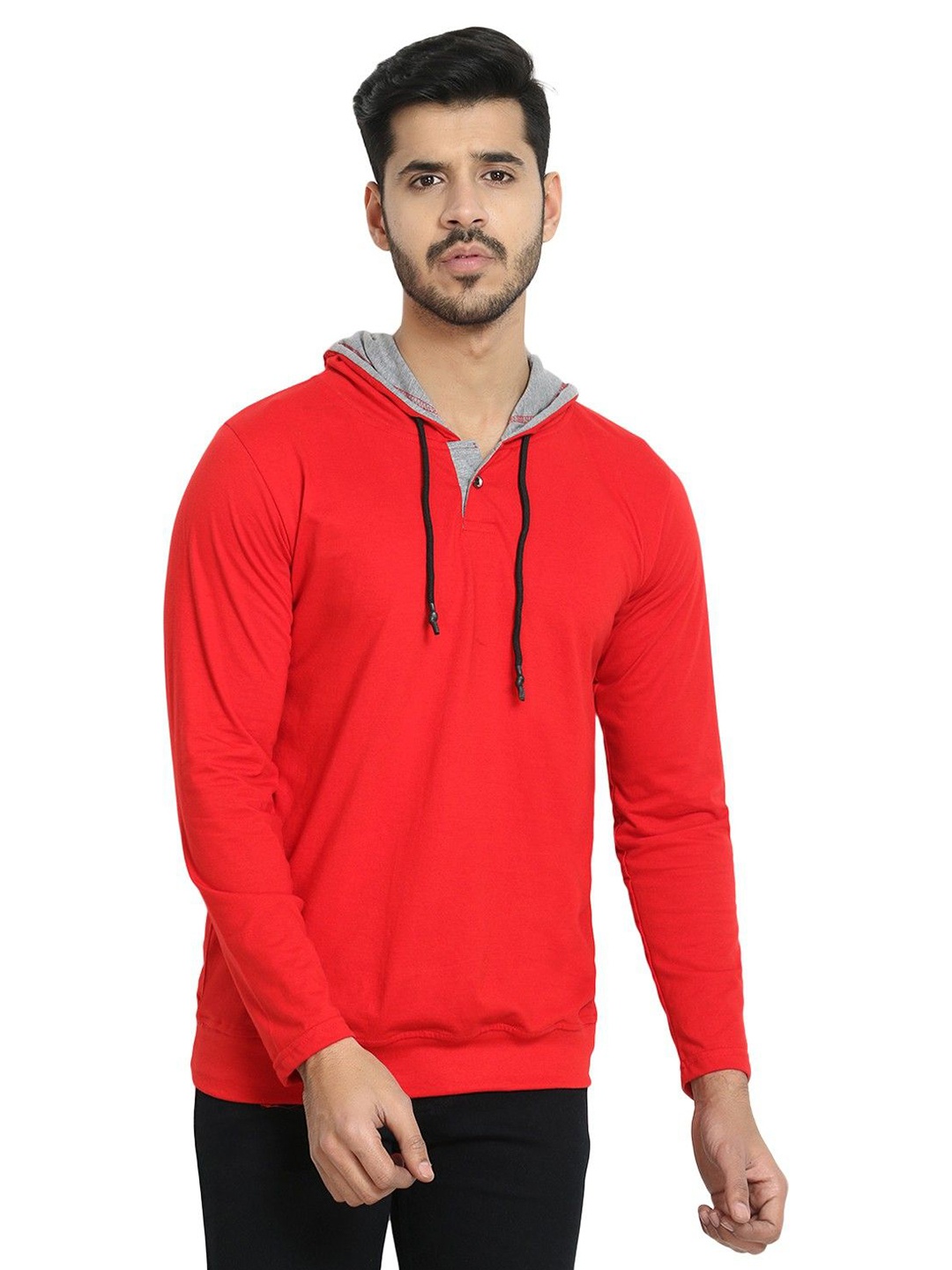 

Black Collection Men Solid Hooded Cotton Casual T-shirt, Red