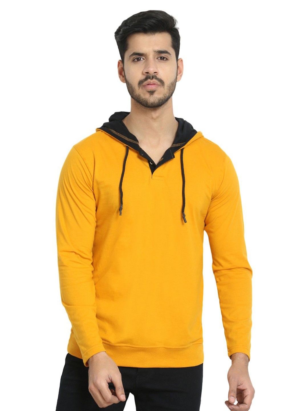 

Black Collection Men Solid Hooded Cotton T-shirt, Mustard