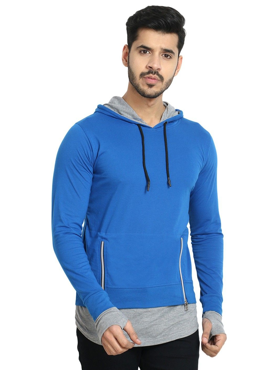 

Black Collection Men Solid Hooded Long Sleeves Cotton T-shirt, Blue