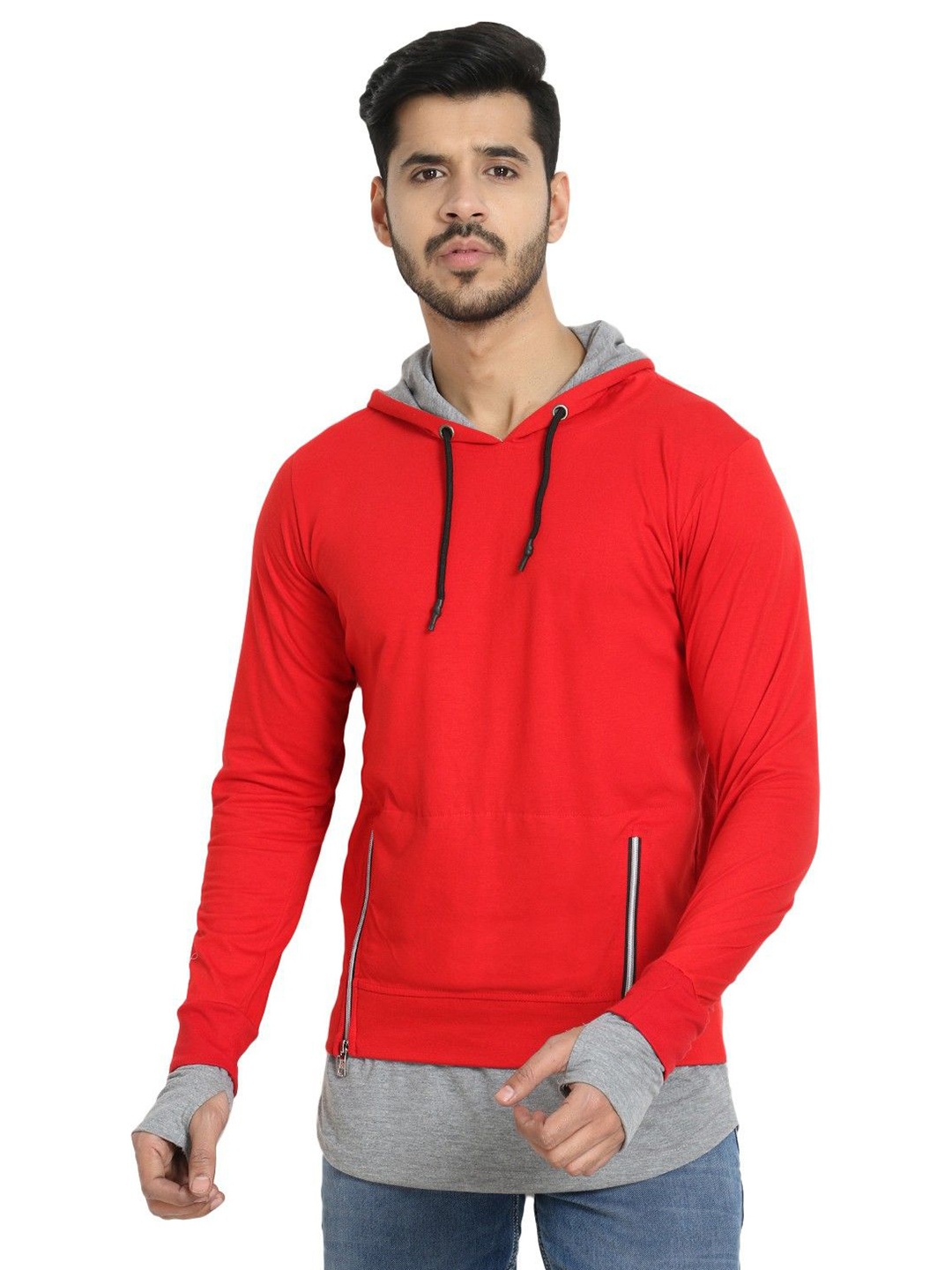 

Black Collection Men Solid Hooded Long Sleeves Cotton T-shirt, Red