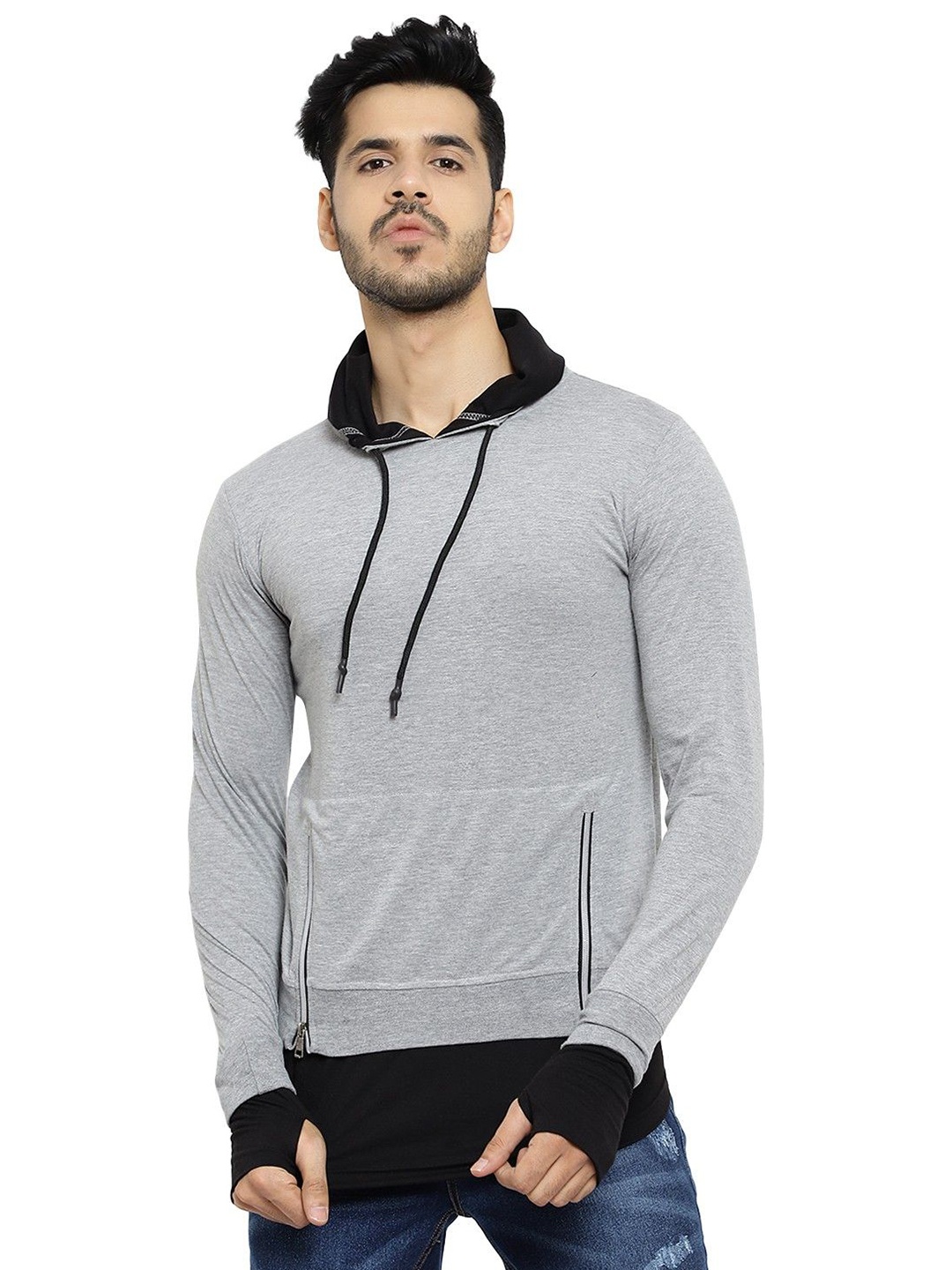 

Black Collection Men Solid Hooded Long Sleeves Cotton T-shirt, Grey