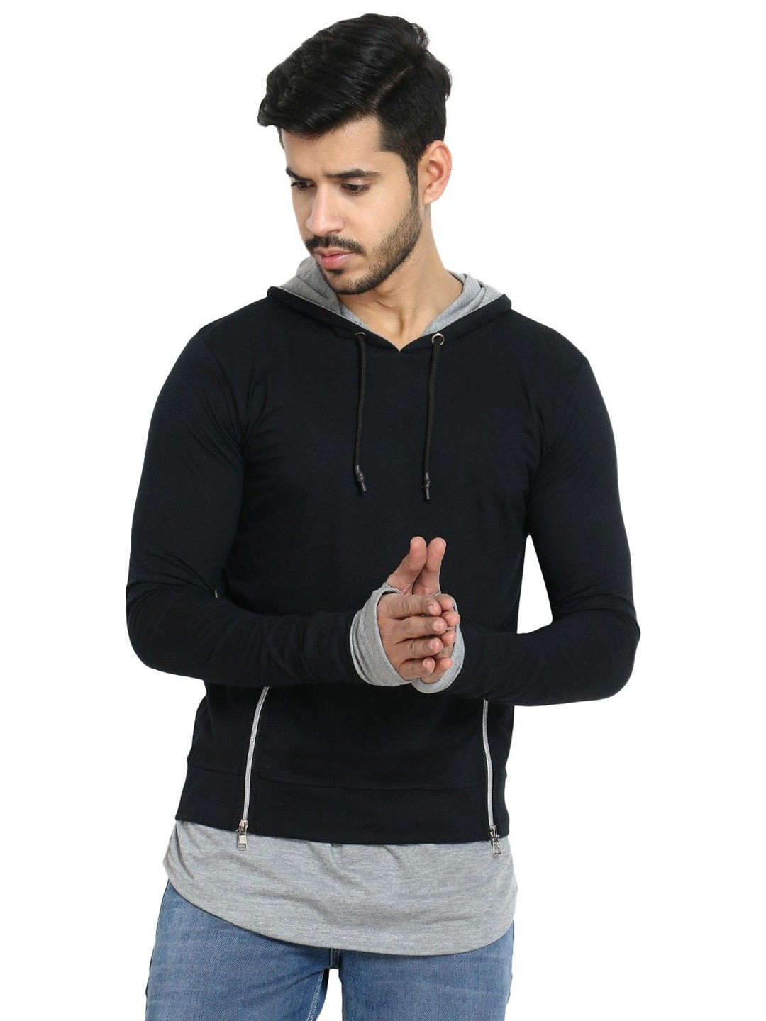 

Black Collection Men Solid Hooded Long Sleeves Cotton T-shirt