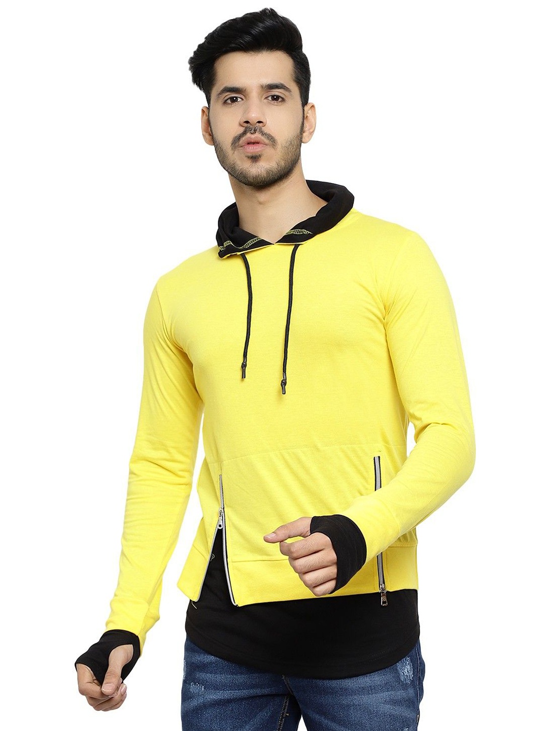 

Black Collection Men Solid Hooded Long Sleeves Cotton T-shirt, Yellow