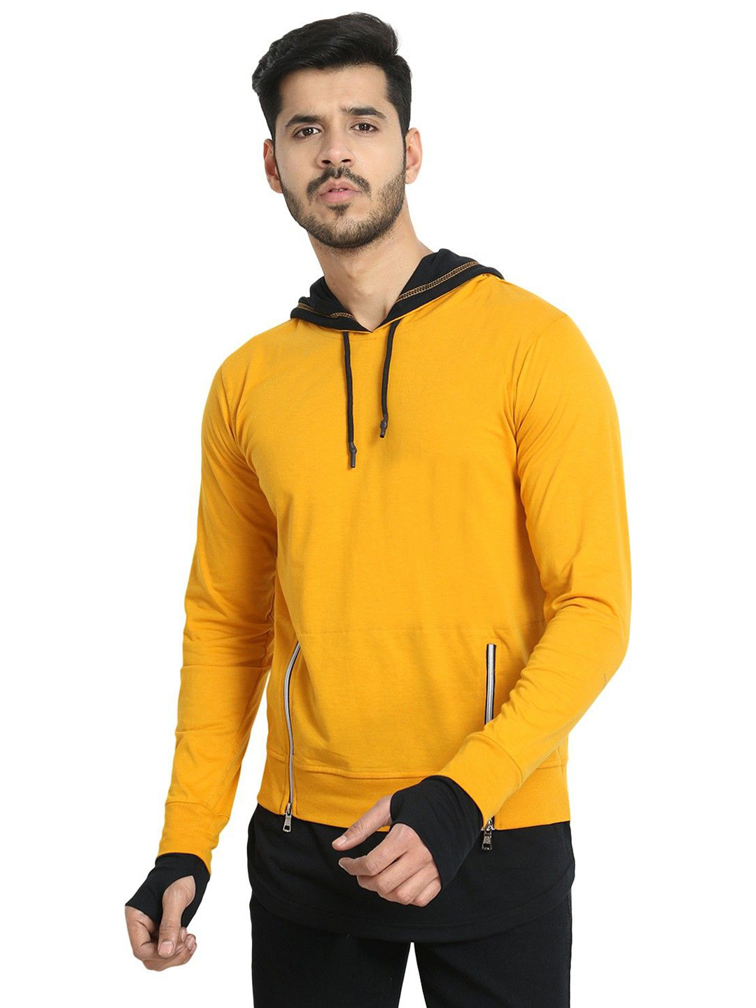 

Black Collection Men Solid Hooded Cotton T-shirt, Mustard