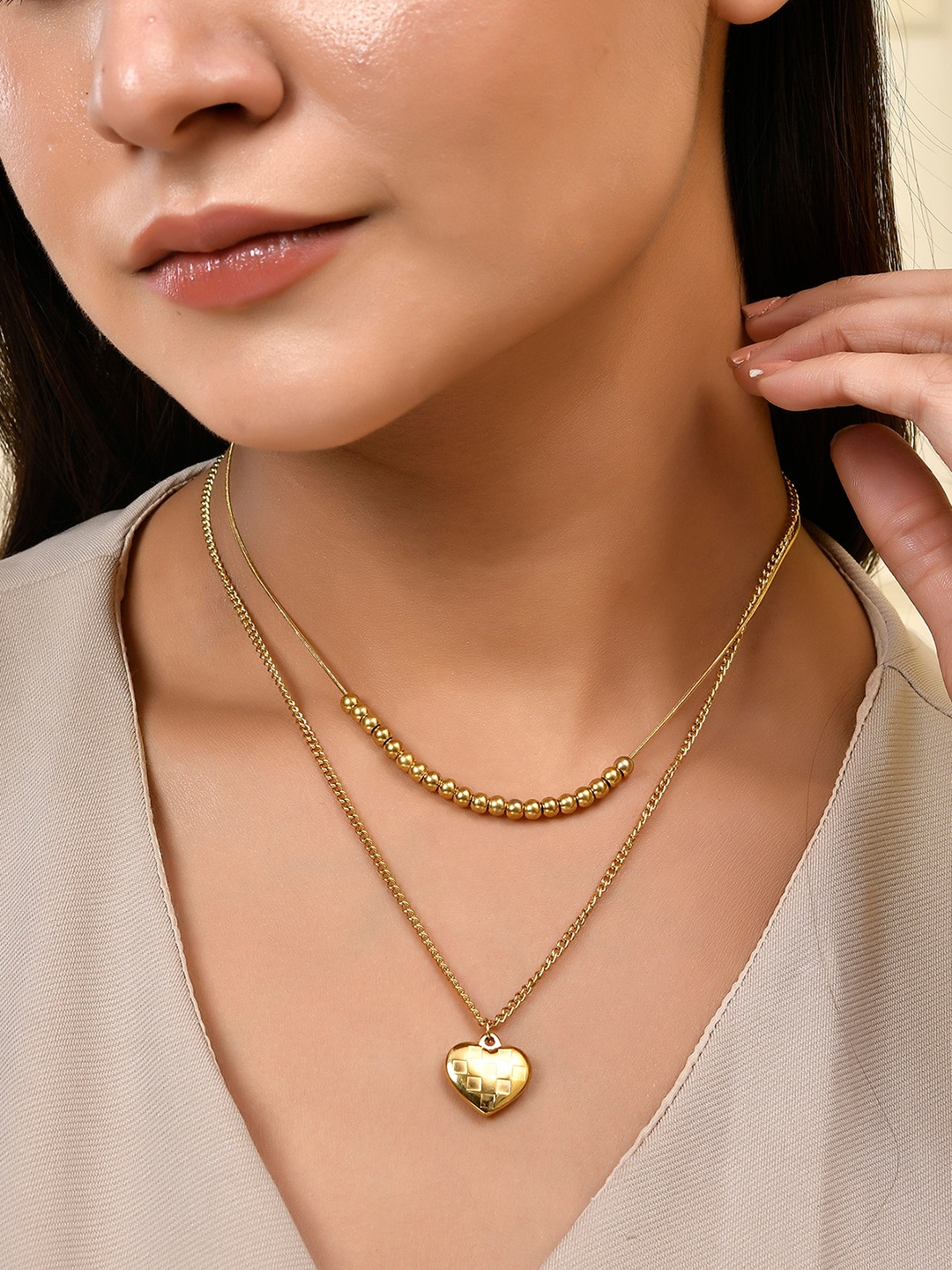 

AQUASTREET 18K Gold Plated Waterproof Chequered Heart Pendant Layered Chain