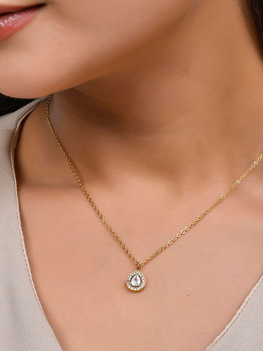 

AQUASTREET 18K Gold Plated Waterproof Antitarnish Zircon Tear Drop Pendant Chain