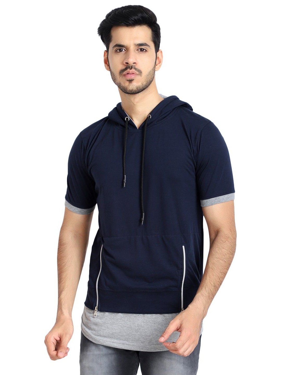 

Black Collection Men Solid Hooded Cotton T-shirt, Navy blue