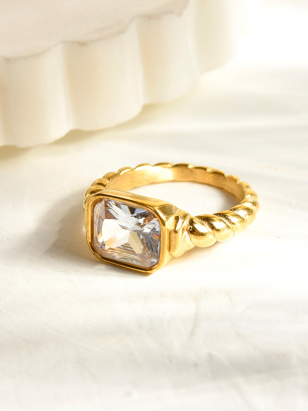 

AQUASTREET 18K Gold Plated Stone Studded Waterproof Antitarnish Titanium Steel Finger Ring