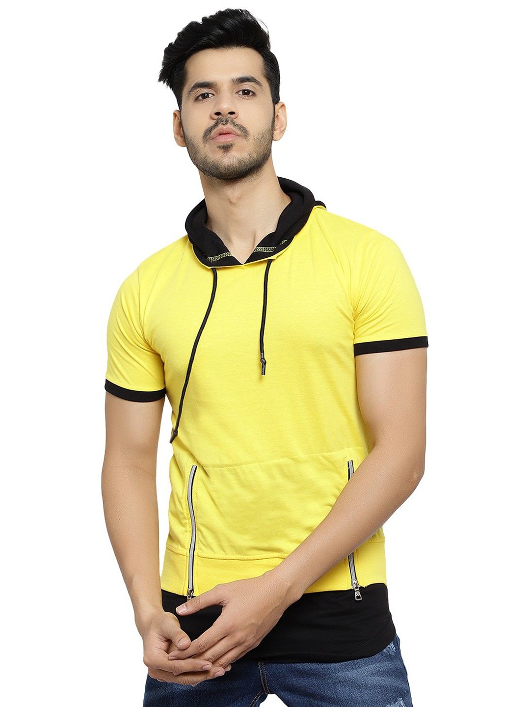 

Black Collection Men Colourblocked Hooded Cotton Casual T-shirt, Yellow