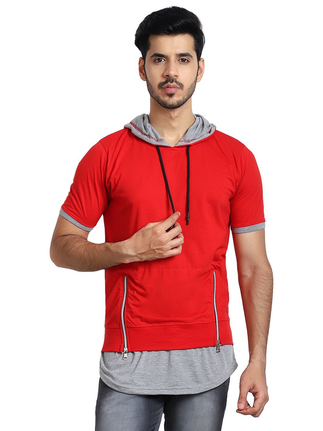 

Black Collection Men Colourblocked Hooded Cotton Casual T-shirt, Red