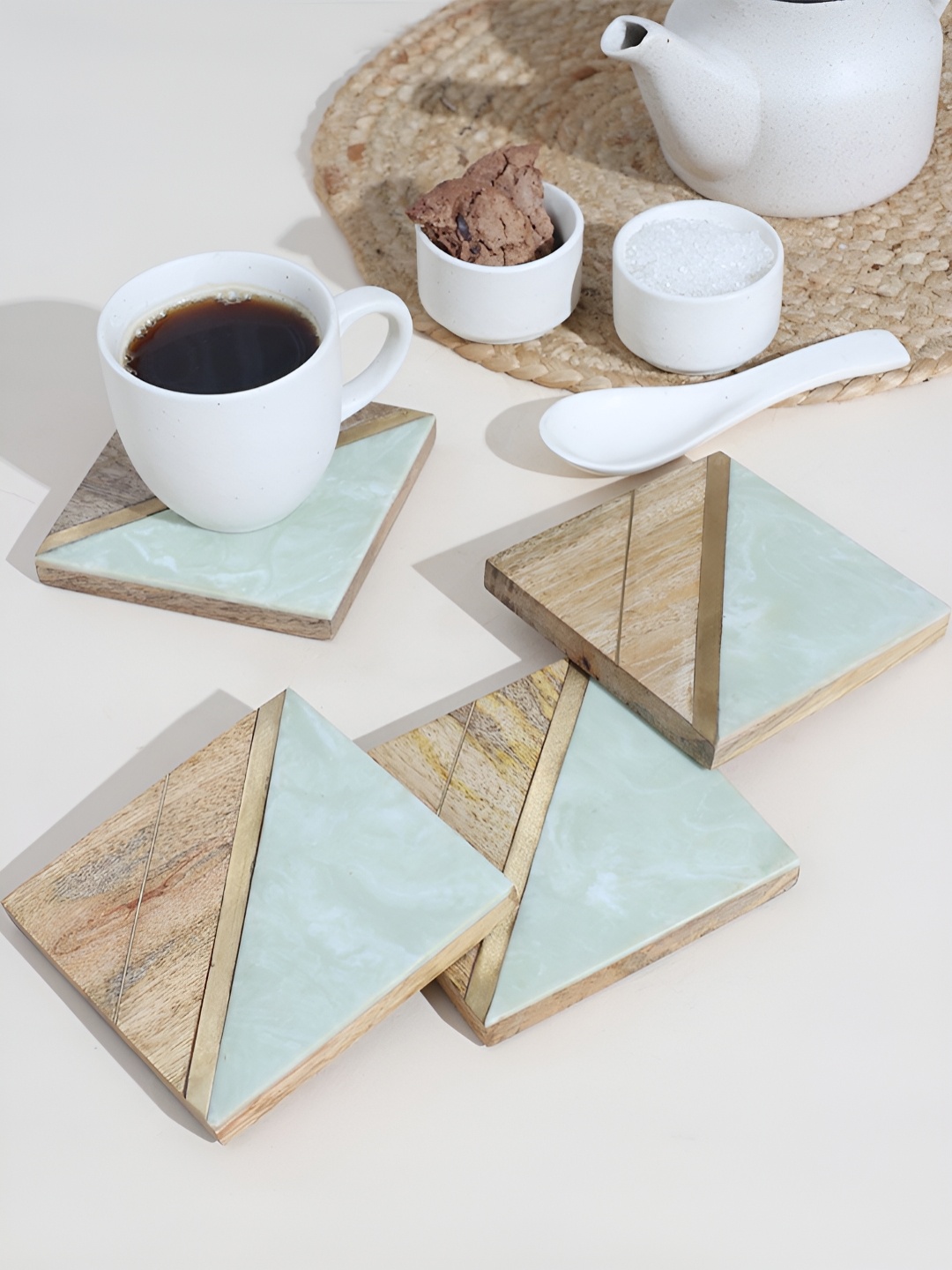 

Ireka Homes Brown & Green 4 Pieces Striped Square Wooden Coasters