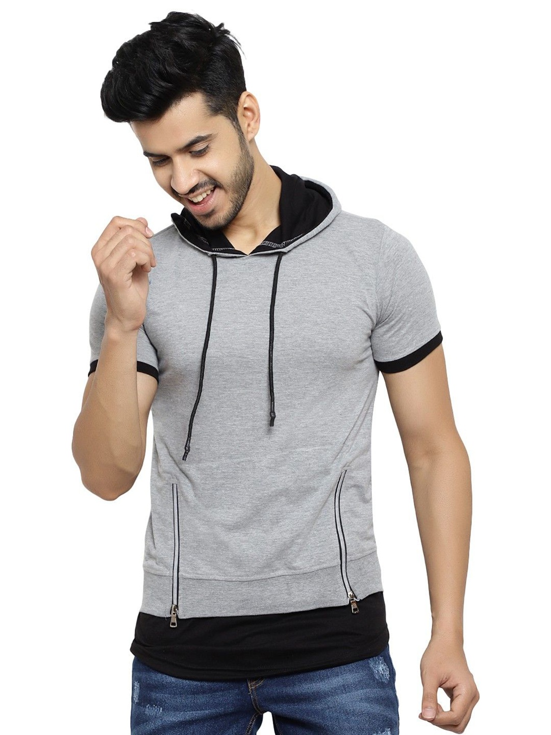 

Black Collection Men Colourblocked Hooded Cotton Casual T-shirt, Grey