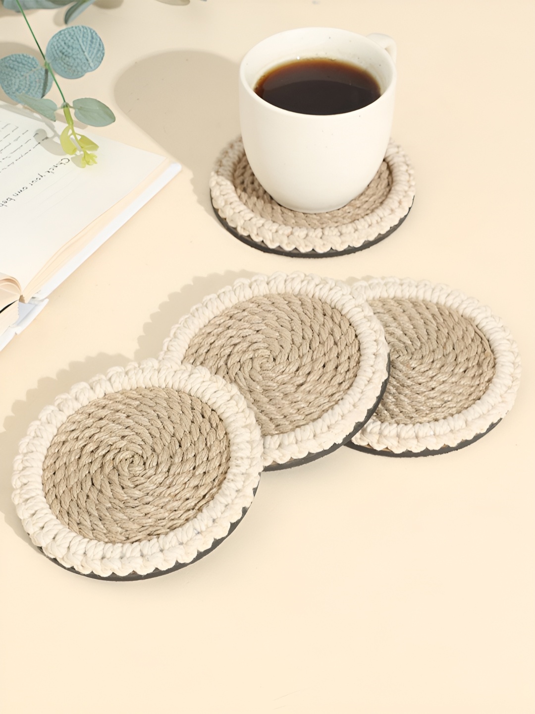 

Ireka Homes Beige & Off White 4 Pieces Textured Jute Round Coasters