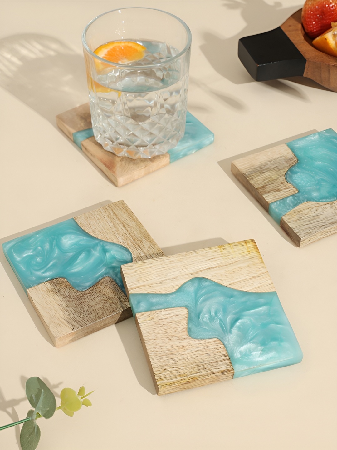 

Ireka Homes Brown & Blue 4 Pieces Textured Wooden Square Coasters