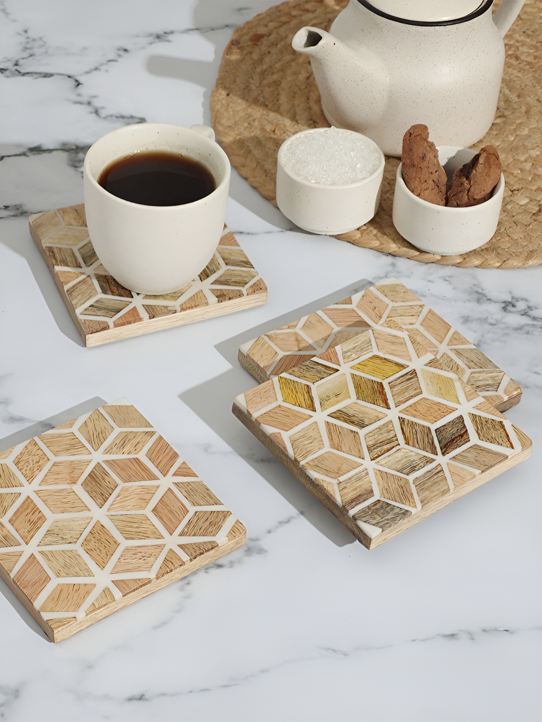 

Ireka Homes Brown & White 4 Pieces Textured Wooden Square Coasters