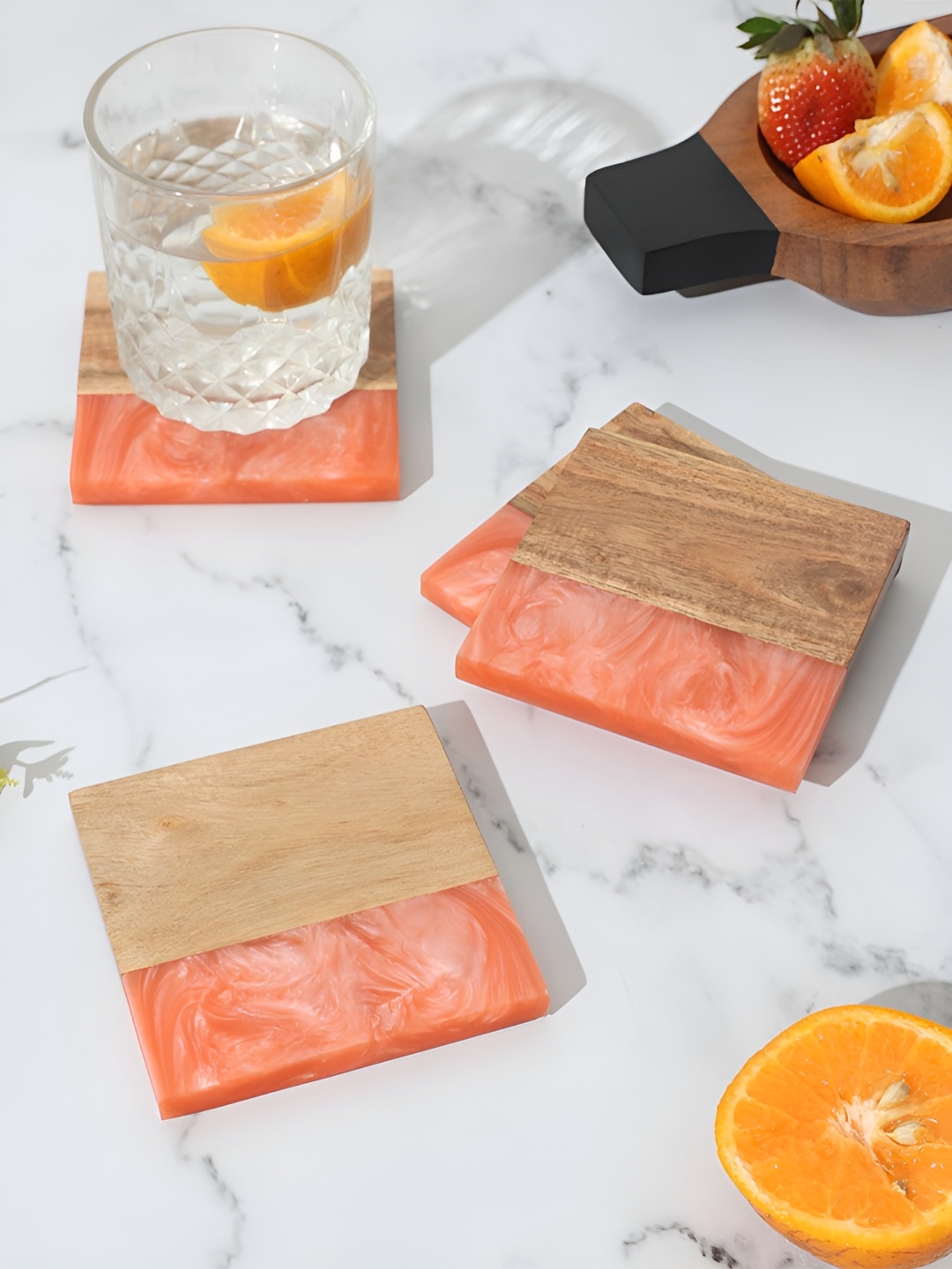 

Ireka Homes Brown & Peach 4 Pieces Textured Wooden Square Coasters