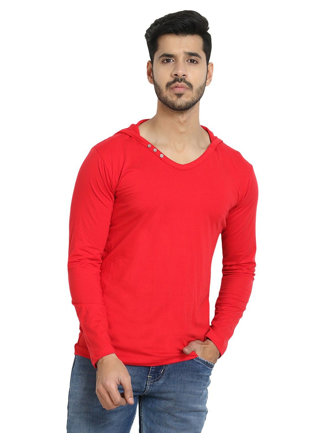 

Black Collection Men Solid Hooded Slim Fit Cotton Casual T-shirt, Red