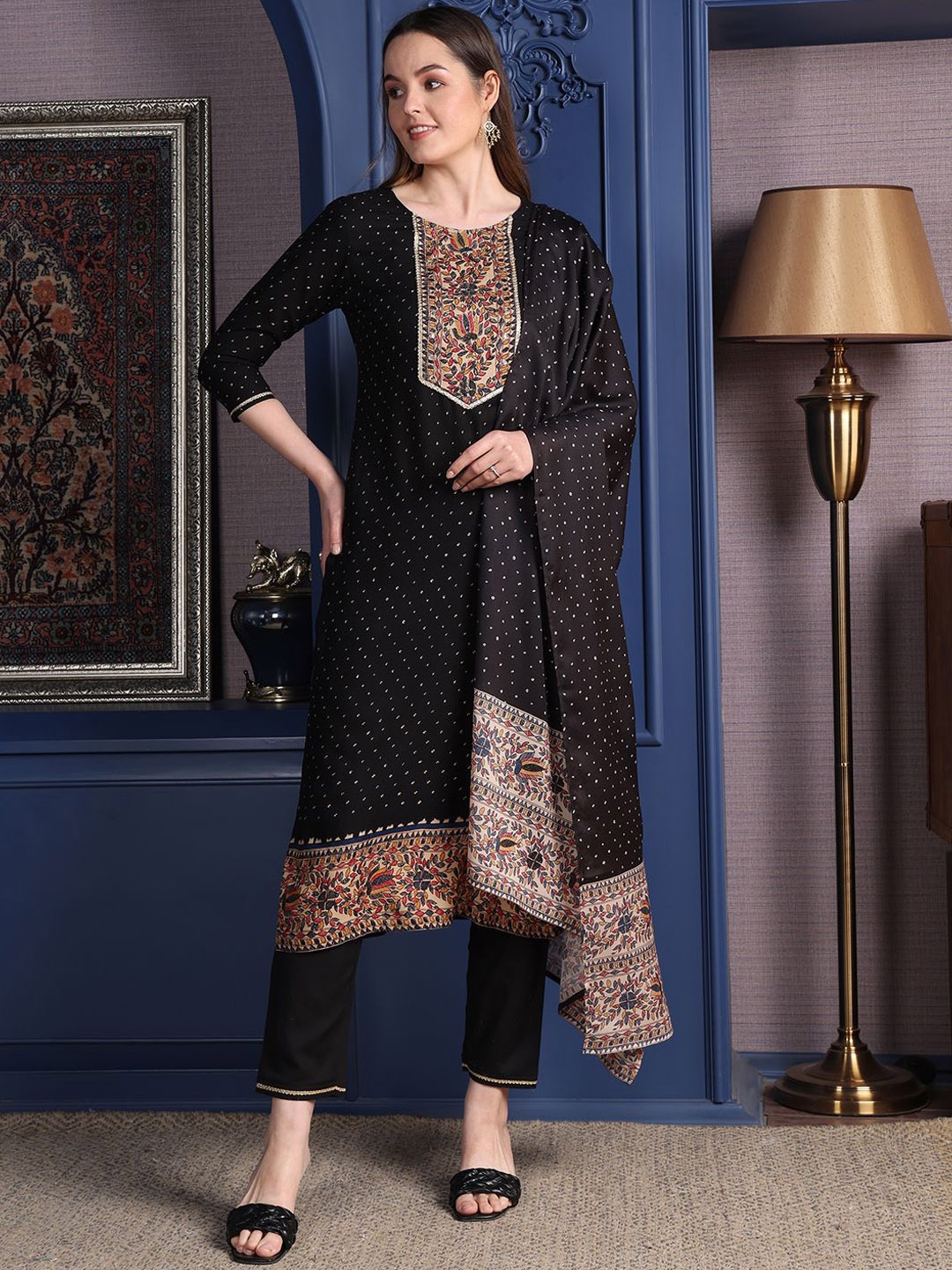 

KALINI Yoke Design Bandhani Thread Work Round Neck Straight Kurta With Trousers & Dupatta, Black