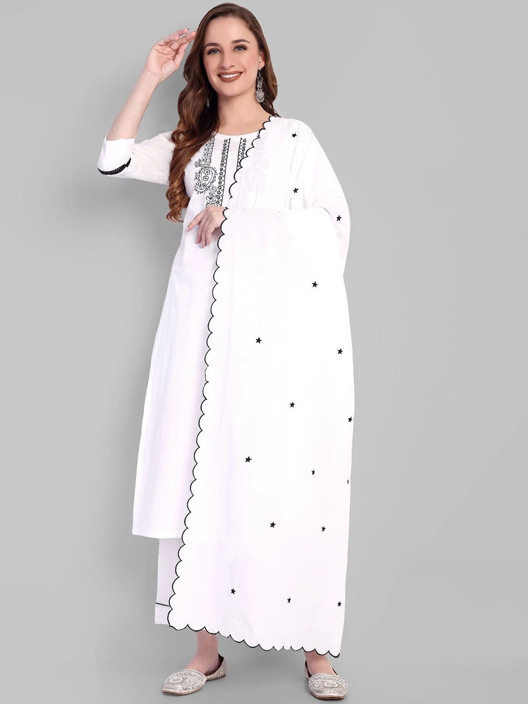 

Mera Rang Paisley Embroidered Round Neck Pure Cotton Straight Kurta With Trouser & Dupatta, White