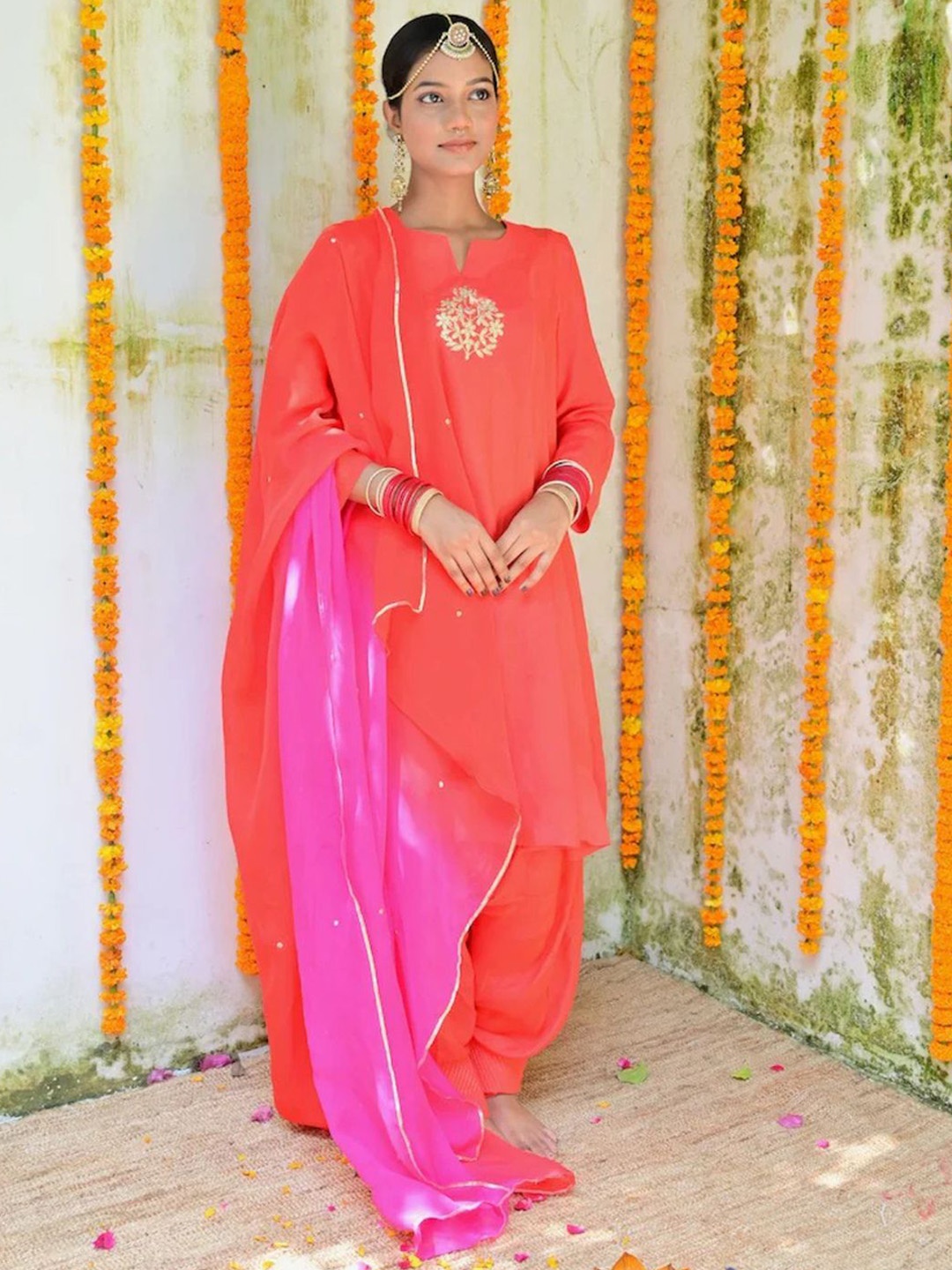

Mera Rang Floral Yoke Design Notch Neck A-Line Pure Cotton Kurta With Trouser & Dupatta, Orange