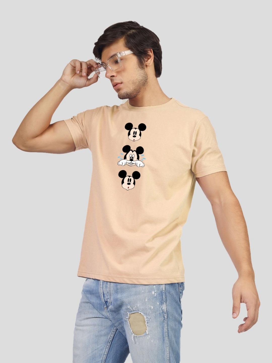 

Greylongg Men Mickey Mouse Graphic Printed Round Neck Cotton T-shirt, Beige