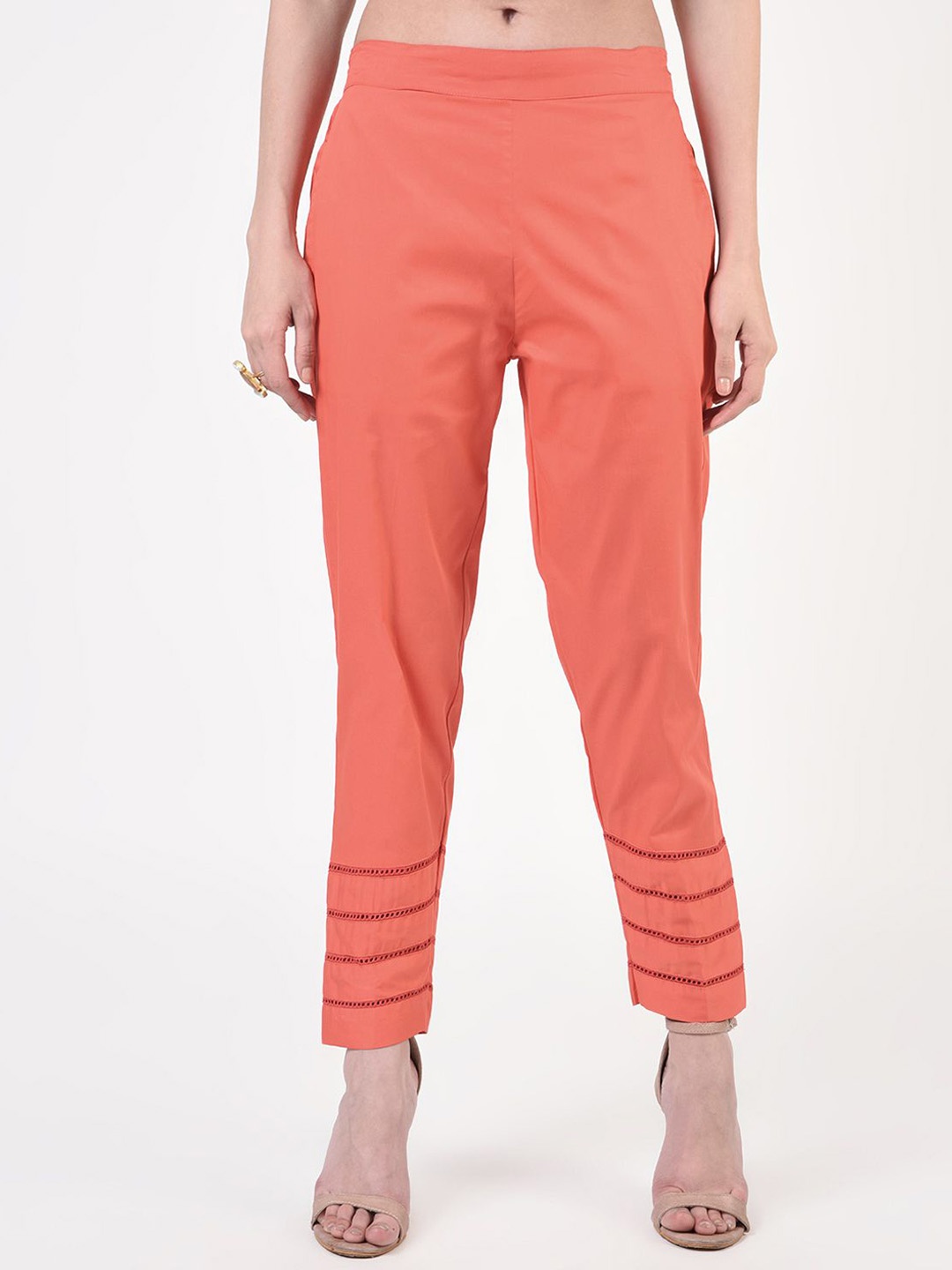 

FLOREOS Women Embroidered Relaxed Easy Wash Cigarette Trousers, Peach