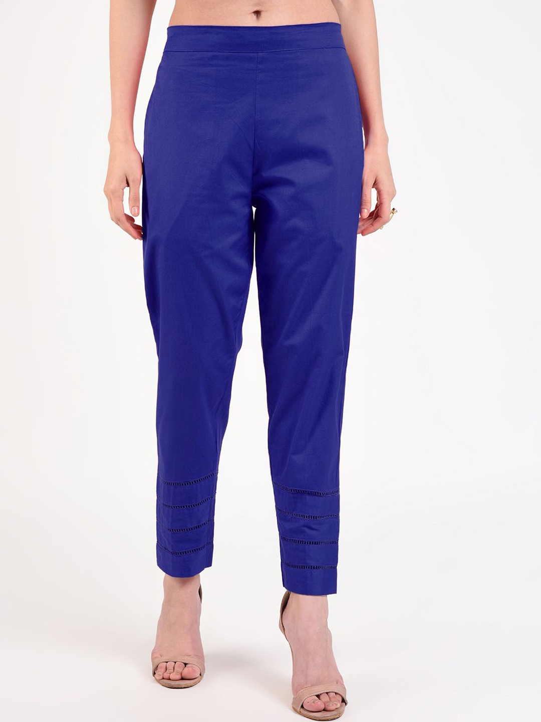 

FLOREOS Women Pure Cotton Embroidered Relaxed Easy Wash Cigarette Trousers, Blue