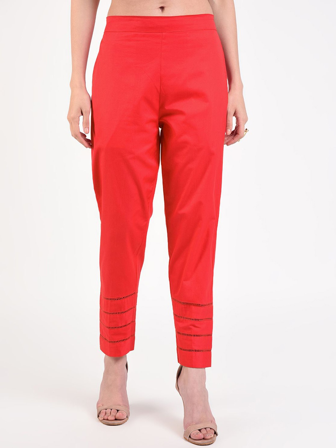 

FLOREOS Women Embroidered Relaxed Easy Wash Pure Cotton Cigarette Trousers, Red