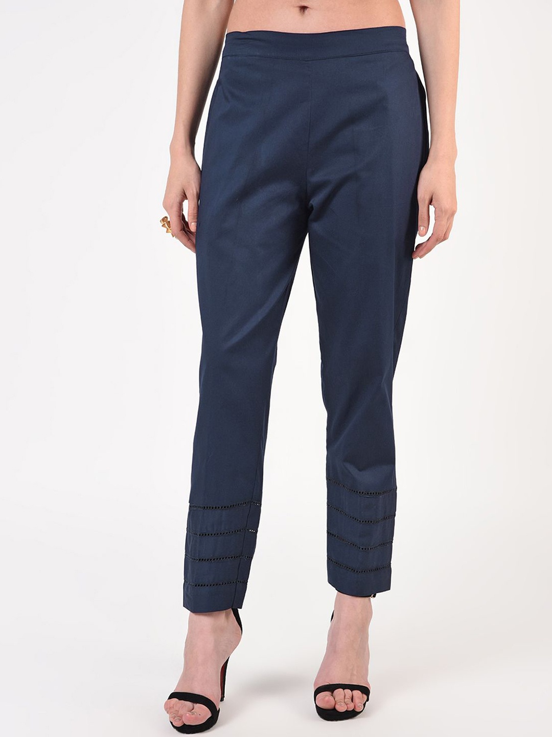 

FLOREOS Women Embroidered Relaxed Easy Wash Cigarette Trousers, Navy blue