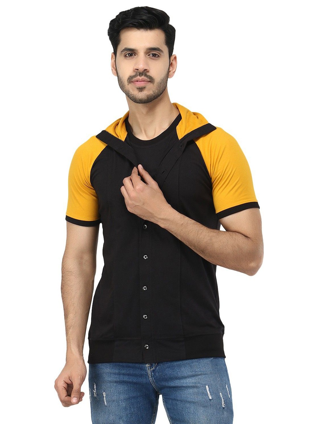 

Black Collection Men Colourblocked Shirt Collar Cotton Casual Sweatshirt